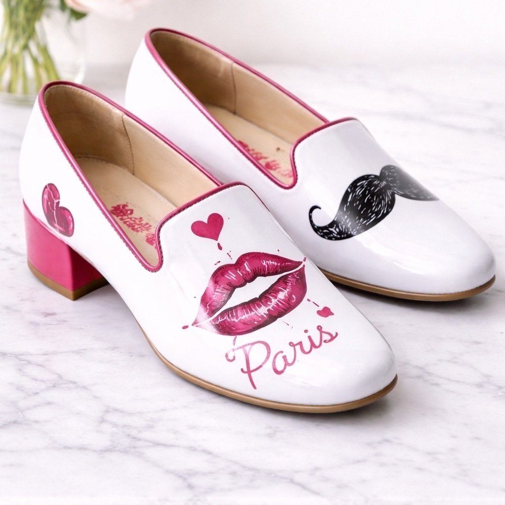 Neefs Paris Graphic Block Heel Shoes EU 37 US 6.5 Lips Mustache 1” Heel